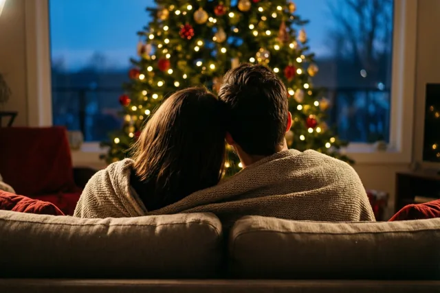 Een koppel zit van achteren gezien onder één deken in de zetel en kijkt naar een verlichte kerstboom, met een blauwe avondlucht door het raam.