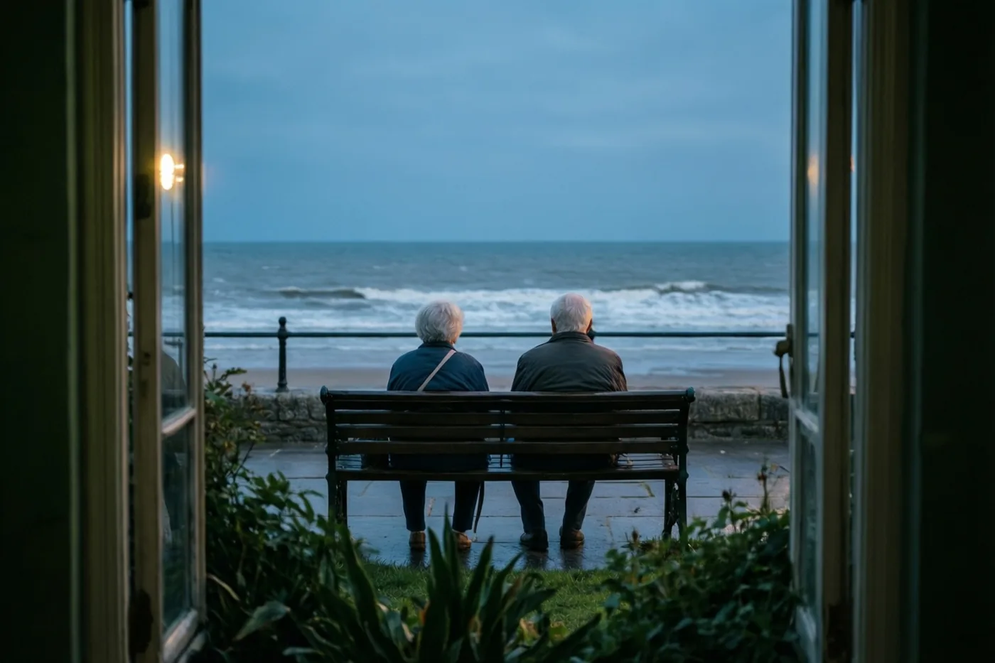 Door een open deuropening is een ouder koppel van achteren te zien op een houten bank tegenover de zee, in blauwe en grijze tinten bij valavond.