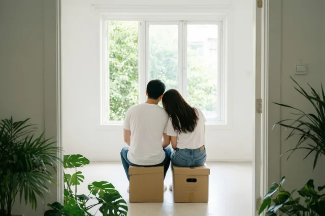 Een koppel zit op kartonnen dozen in een witte kamer, tussen groene kamerplanten en met uitzicht door een groot raam op gebladerte.