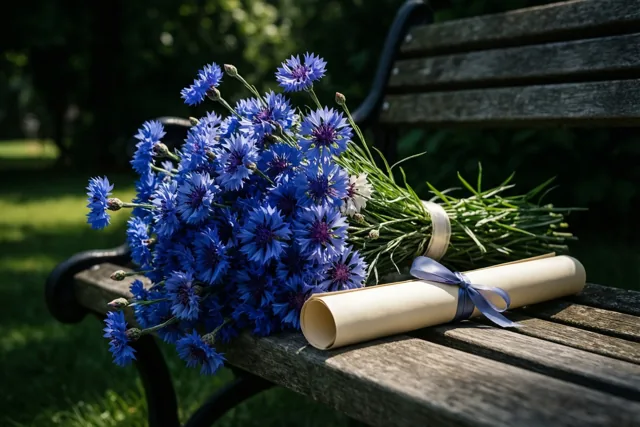 Een boeket blauwe korenbloemen en een opgerold diploma met een blauw lint liggen op een verweerde houten tuinbank in een zonnig park met gras en bomen.