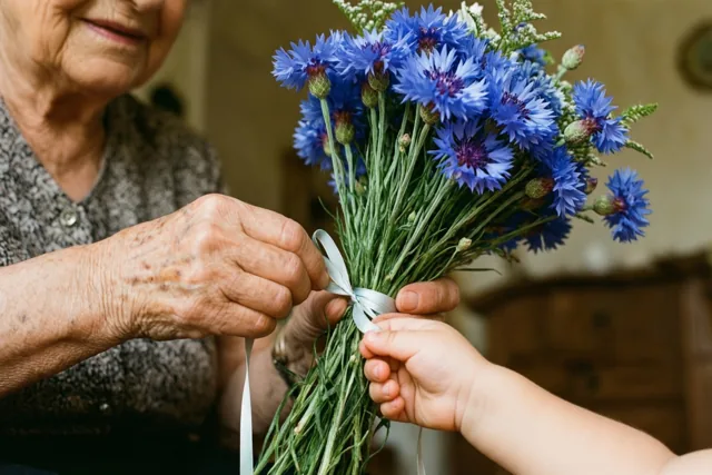 De handen van een oudere vrouw knopen een lichtblauw lint rond een boeket blauwe korenbloemen dat een kinderhand vasthoudt, in warm licht met een onscherpe achtergrond.