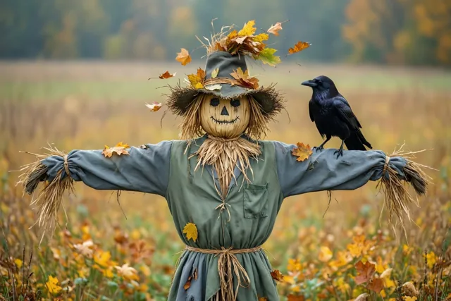 Een vogelverschrikker met een strooien gezicht en een hoed met herfstbladeren staat in een veld met een zwarte kraai op zijn uitgestrekte arm.