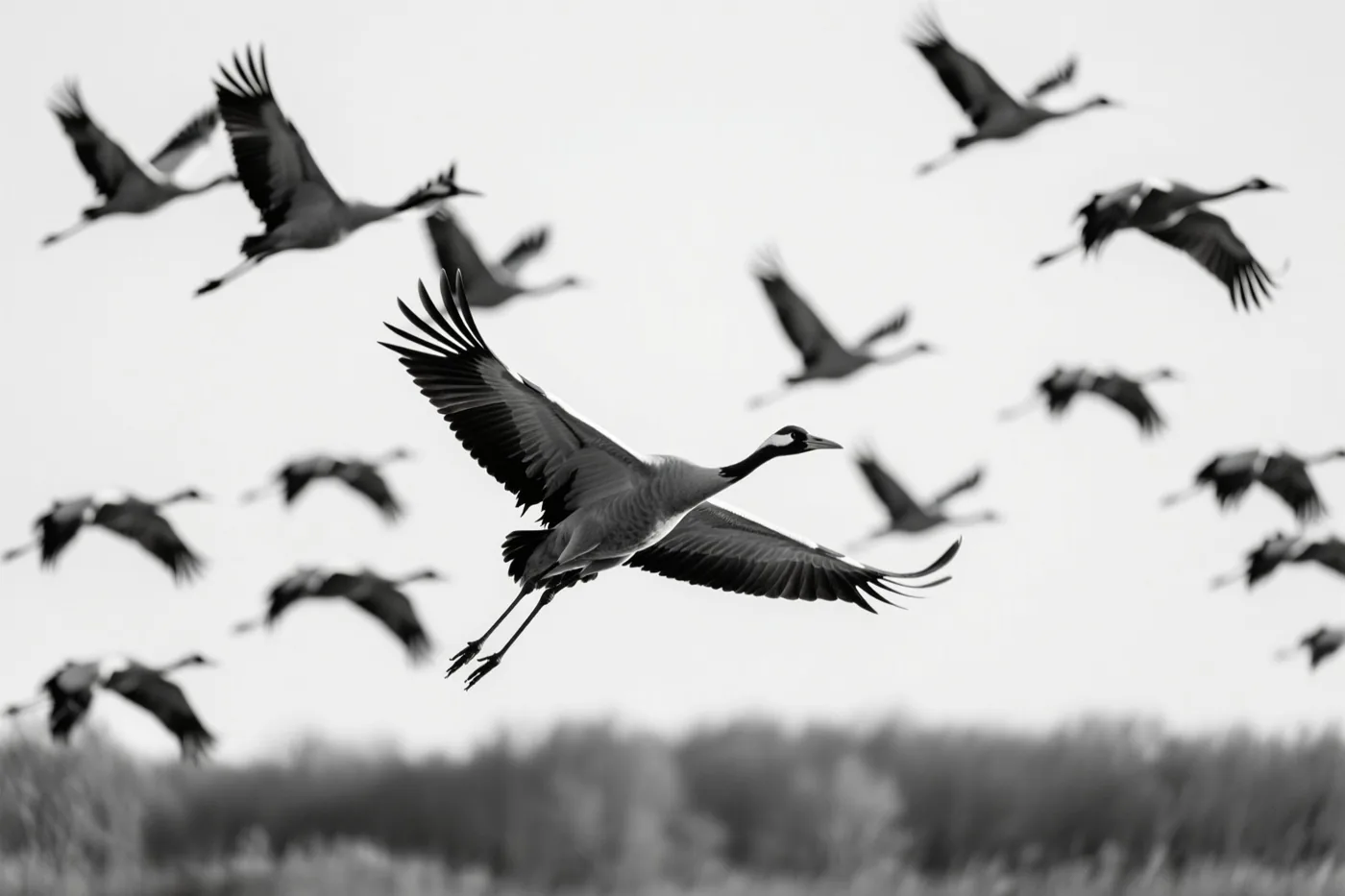 Een groep kraanvogels vliegt tegen een bleke lucht, met één vogel scherp op de voorgrond en wazige begroeiing onderaan.