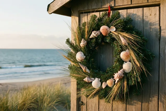 Een kerstkrans van dennengroen, duingras en schelpen hangt aan de houten deur van een strandhuisje, met zandstrand en zee onder een wazige lucht erachter.