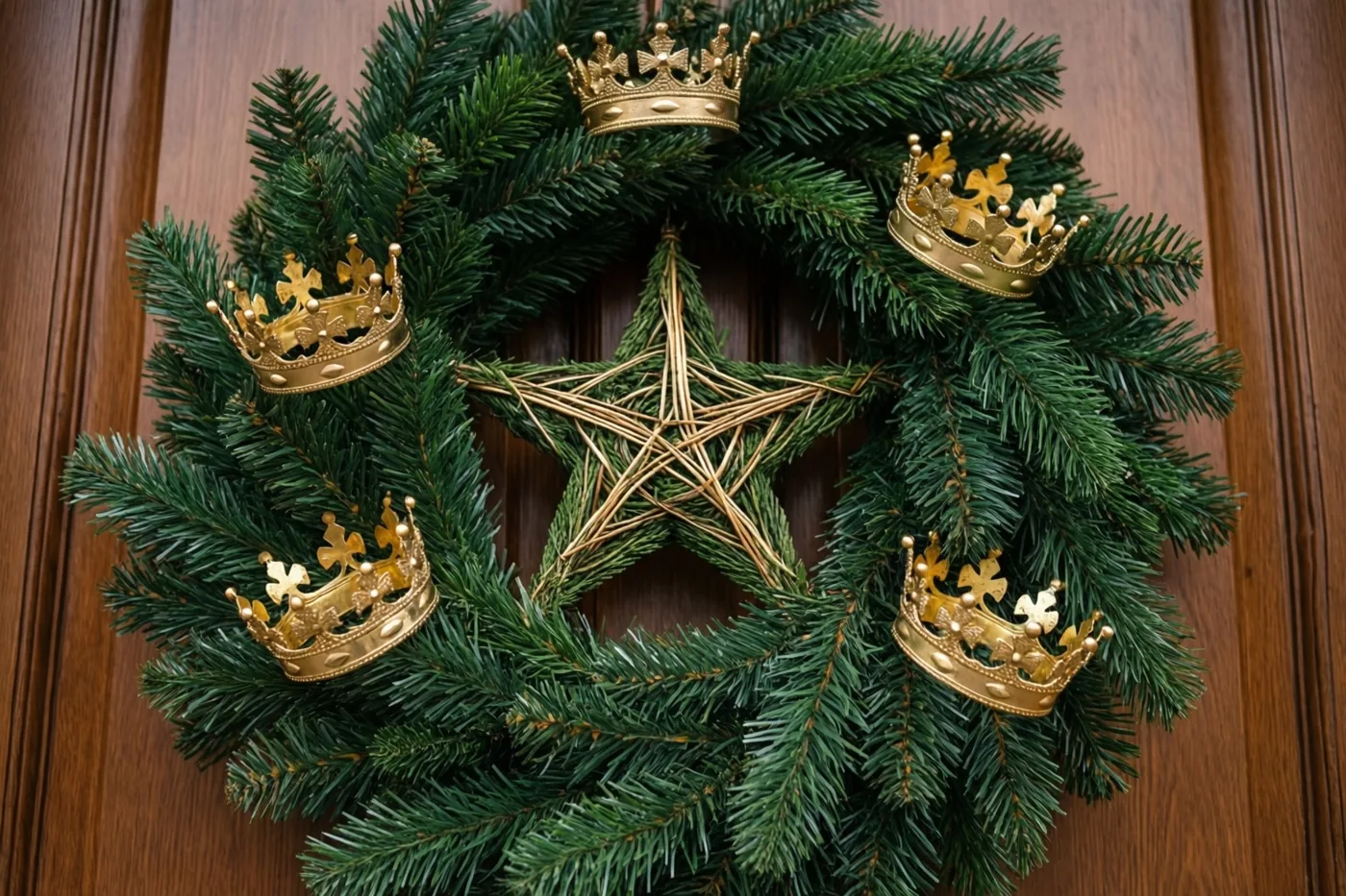 Een ronde groene winterkrans met vijf kleine gouden kronen en een gevlochten ster in het midden hangt aan een houten deur.