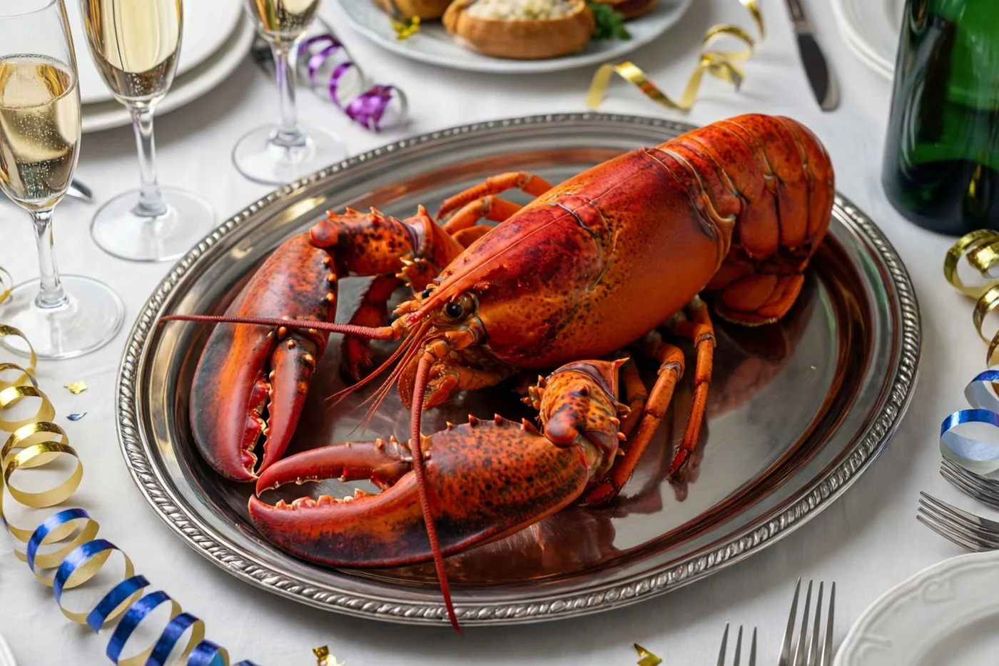 Een hele gekookte kreeft ligt op een zilveren schaal op een wit tafelkleed, omringd door champagneglazen en kleurrijke slingers.