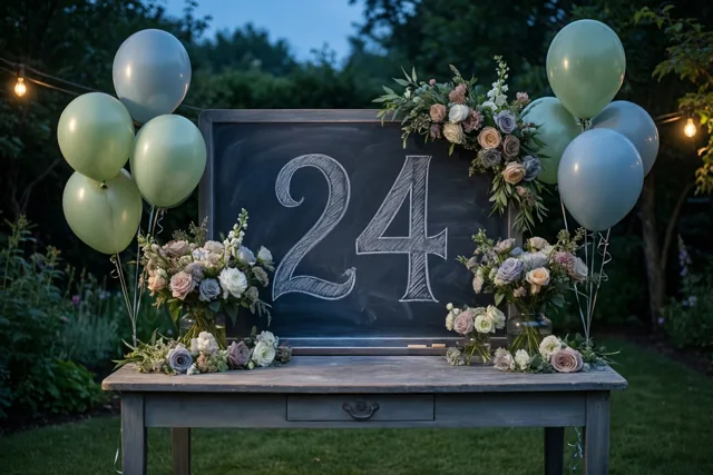 Een krijtbord met sierlijk geschreven 24 staat op een houten tuintafel tussen bloemstukken en ballonnen, onder lichtslingers bij schemering.