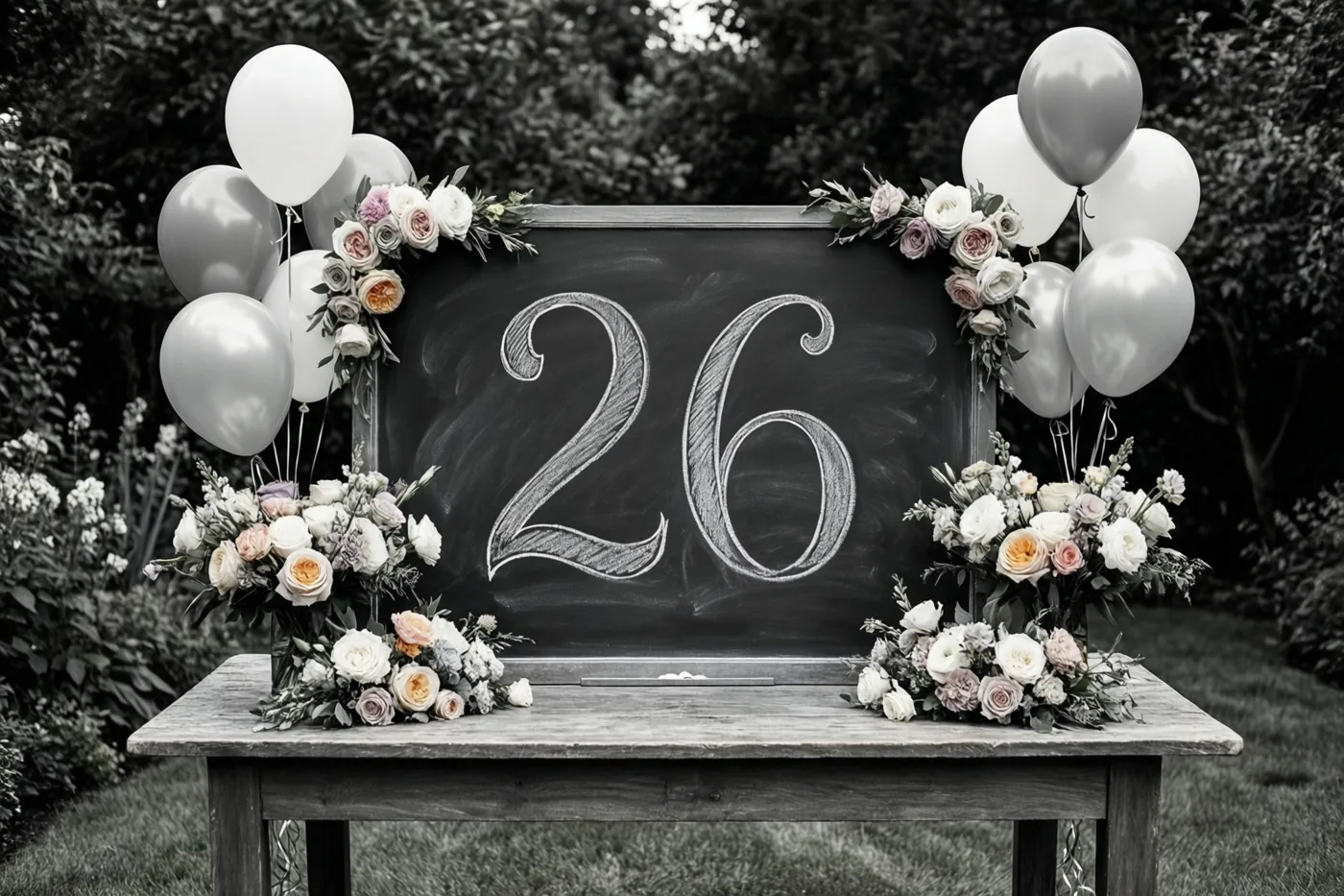 Een krijtbord met 26 in sierlijk wit krijt staat op een houten tuintafel tussen bloemstukken en ballonnen, met bomen op de achtergrond.