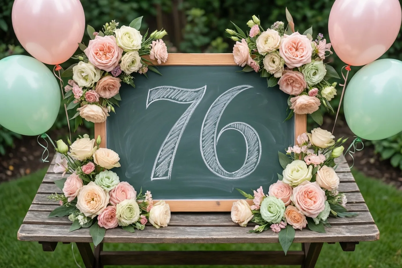 Een krijtbord met 76 in wit krijt staat tussen bloemstukken op een houten tuintafel, omringd door roze en mintgroene ballonnen.