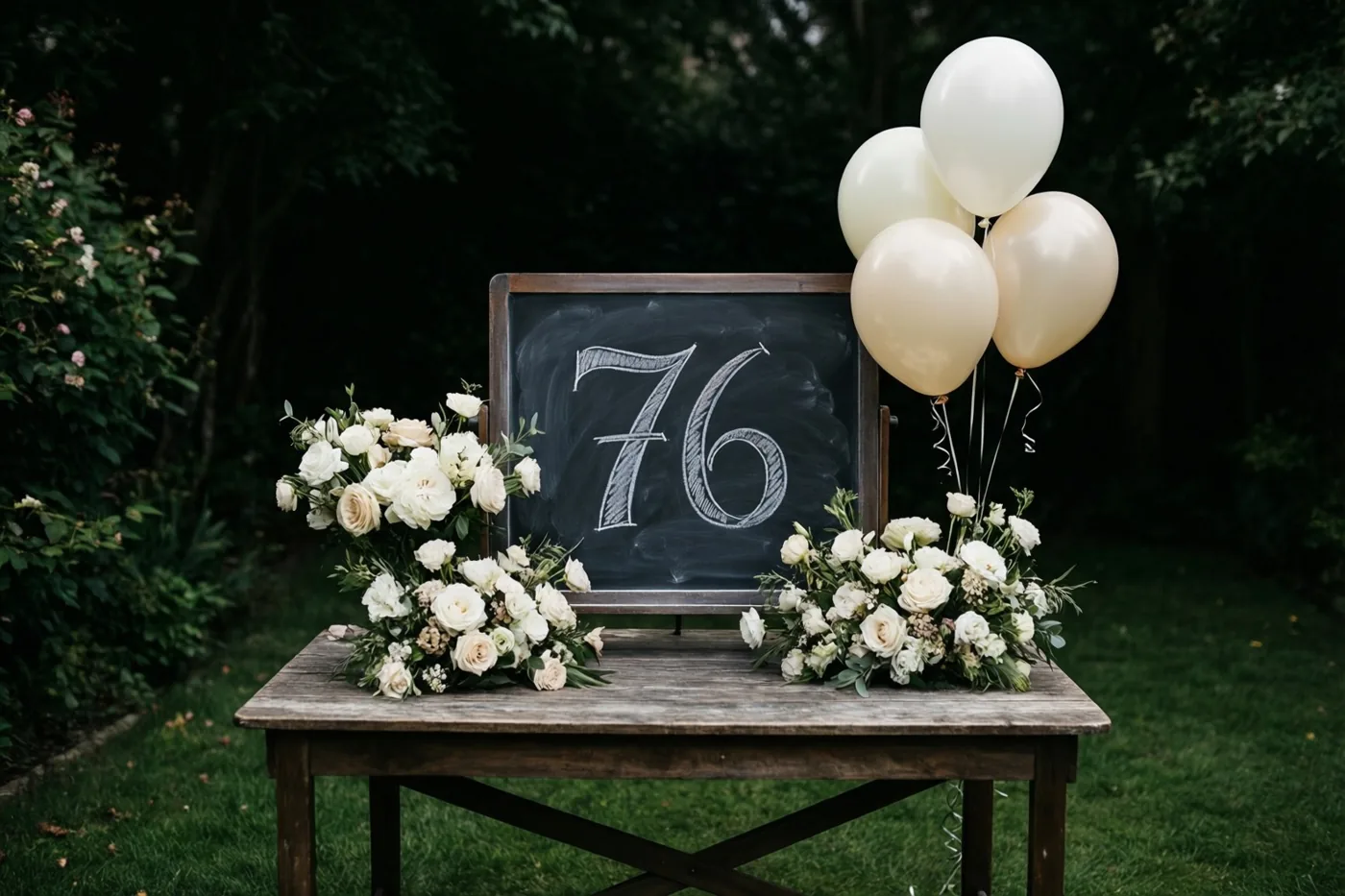 Een krijtbord met 76 in wit krijt staat op een houten tuintafel tussen witte bloemstukken en crèmekleurige ballonnen, met gras en bomen op de achtergrond.