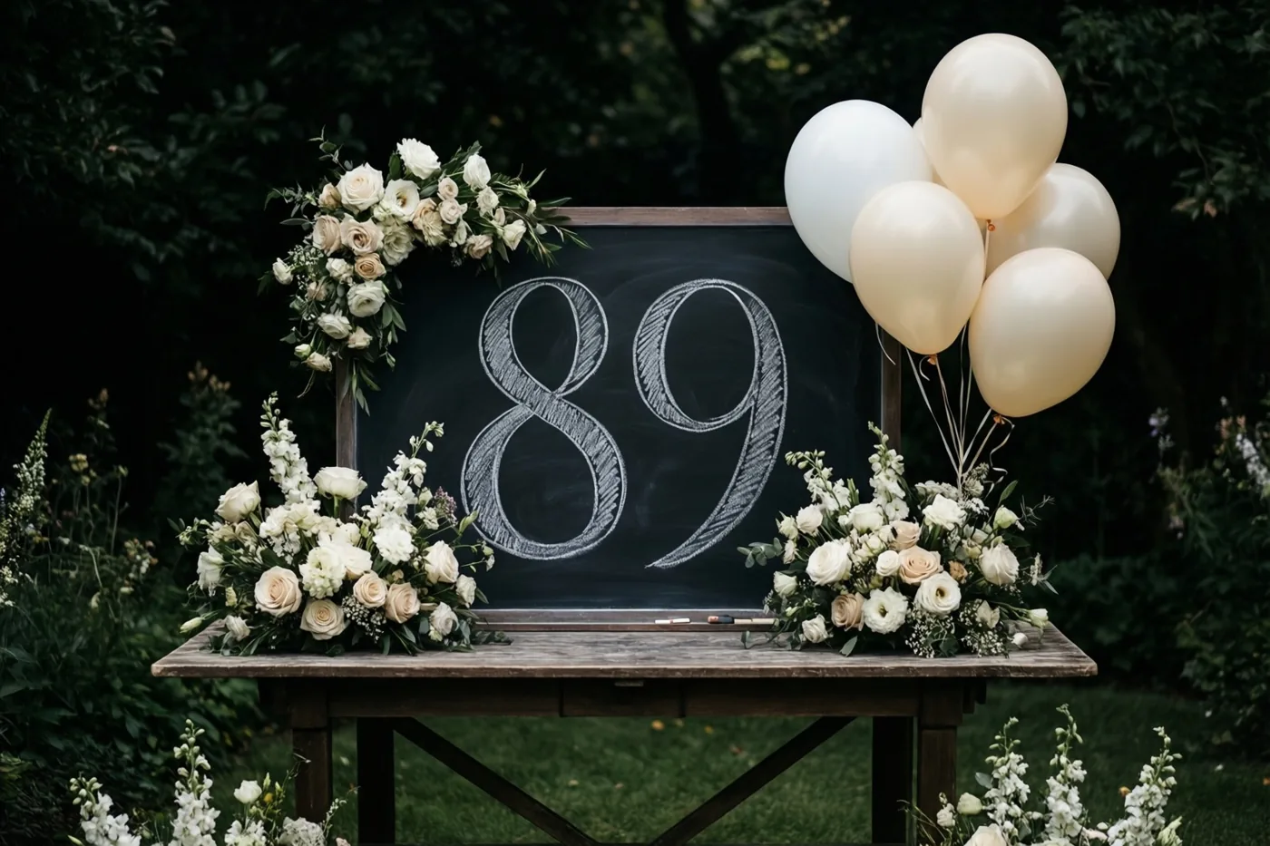 Een krijtbord met 89 in wit krijt staat op een houten tuintafel tussen bloemstukken en ballonnen, met groen op de achtergrond.