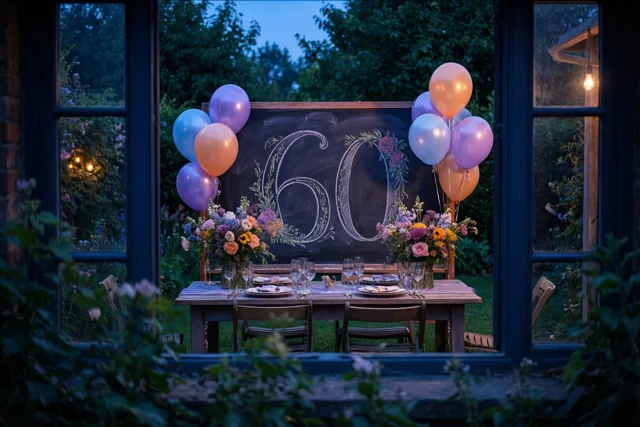 Door een raam is een gedekte tuintafel te zien met een krijtbord waarop 60 staat, omringd door bloemen en ballonnen in de schemering.