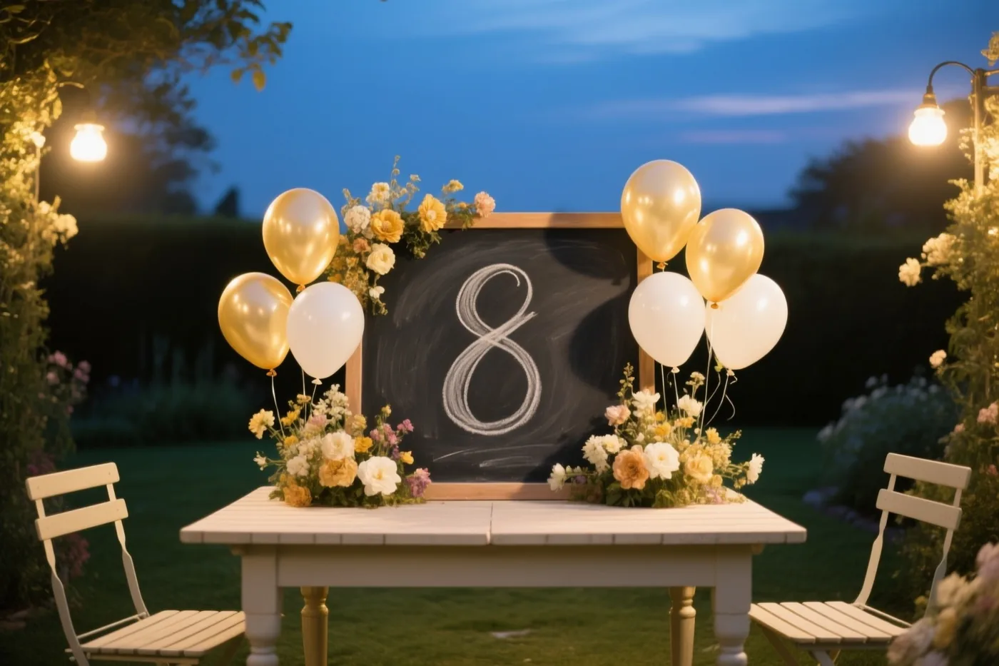 Een tuintafel in de schemering is versierd met een krijtbord met een handgeschreven 8, gouden en witte ballonnen en bloemstukken onder warme buitenverlichting.