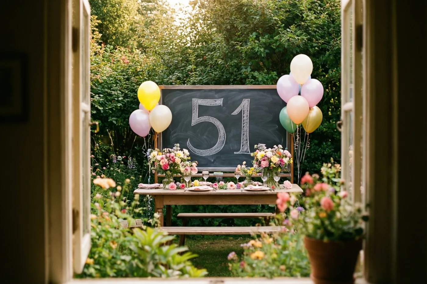Door een open raam is een tuintafel te zien met een krijtbord met 51, kleurrijke ballonnen en bloemstukken in warm daglicht, met veel groen op de achtergrond.