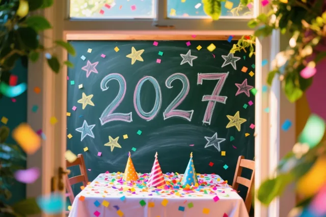 Door een raamkozijn is een krijtbord met handgeschreven 2027 en sterren te zien, met vallende confetti en een versierde tafel in een lichte kamer.