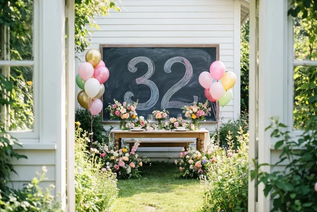 Door een open deuropening is een tuintafel met bloemen en ballonnen te zien voor een krijtbord met 32, omringd door groen.