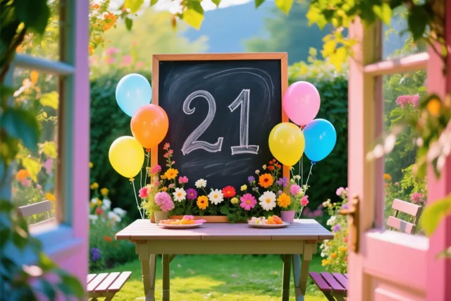 Door een open raam is een tuintafel te zien met een krijtbord waarop 21 staat, omringd door kleurrijke ballonnen, een bloemstuk en veel groen.