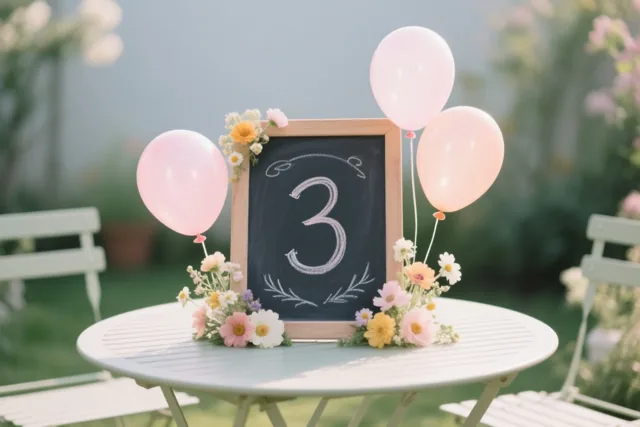 Een krijtbord met het cijfer 3 staat op een witte tuintafel tussen roze ballonnen en kleurrijke veldbloemen, met lichtgroene stoelen in een wazige tuin.