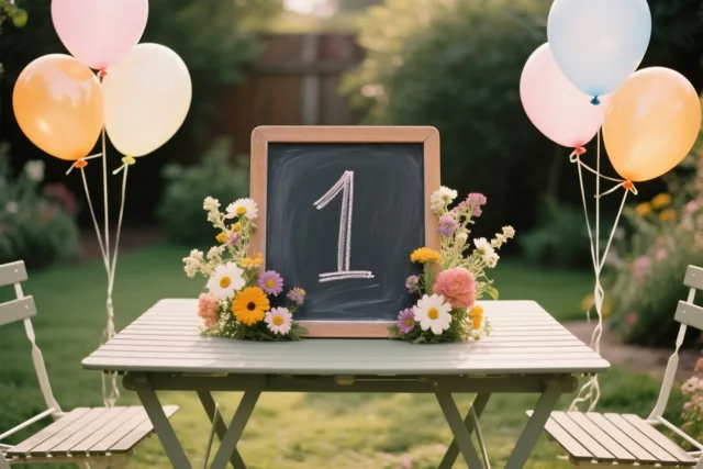 Een krijtbord met het cijfer 1 staat op een tuintafel tussen kleurrijke bloemen en groepjes ballonnen in een zonnige, groene tuin.
