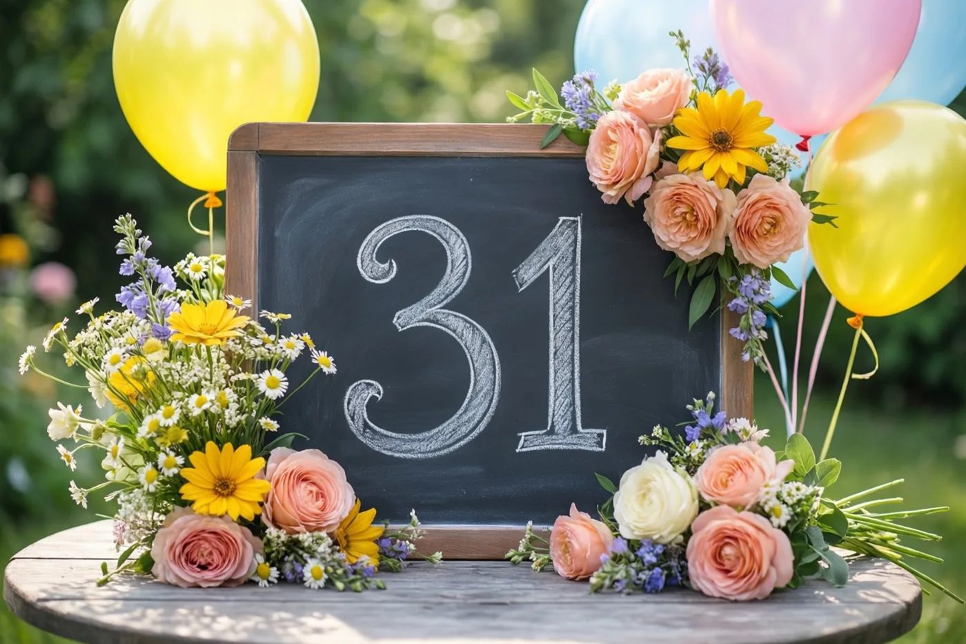 Een krijtbord met 31 in wit krijt staat op een houten tuintafel tussen kleurrijke bloemen en ballonnen in een zonnige tuin.