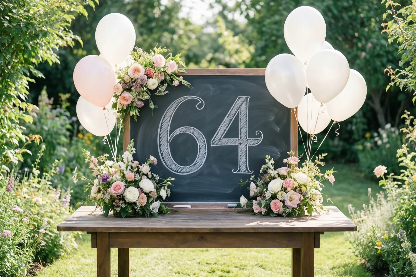 Een krijtbord met het sierlijk geschreven getal 64 staat tussen bloemstukken en ballonnen op een houten tafel in een zonnige, groene tuin.