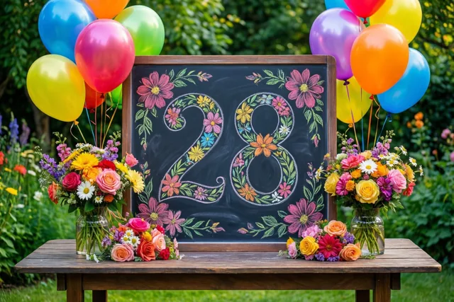 Een krijtbord met het getal 28 en kleurrijke bloemen staat op een houten tuintafel tussen ballonnen en bloemstukken in een groene tuin.