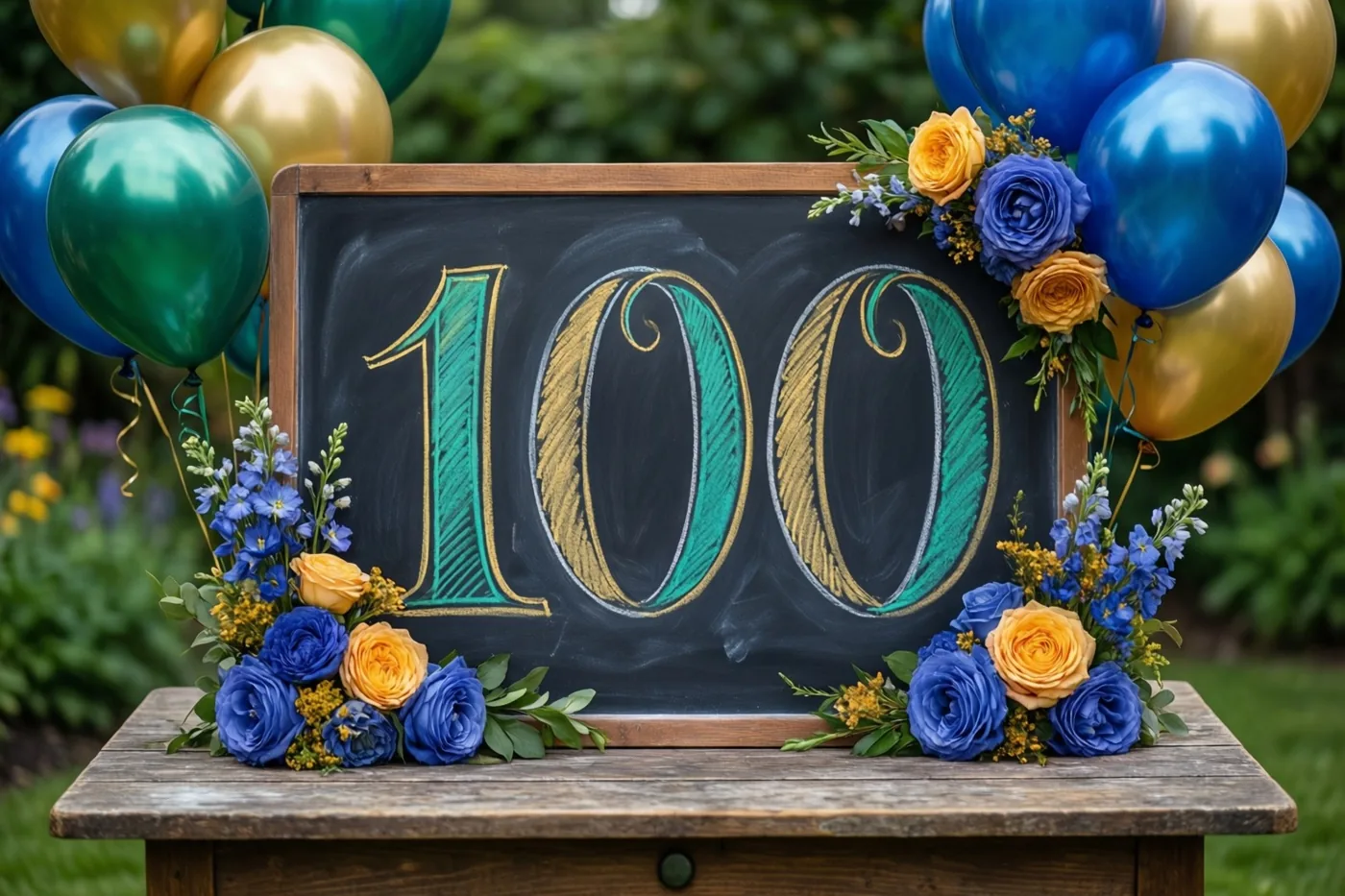 Een krijtbord met 100 in blauwgroen en goudkleurig krijt staat op een houten tuintafel tussen blauwe en gouden ballonnen en bloemstukken.