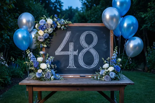 Een krijtbord met 48 in wit krijt staat op een houten tuintafel tussen blauwe en zilveren ballonnen en bloemstukken in de schemering.