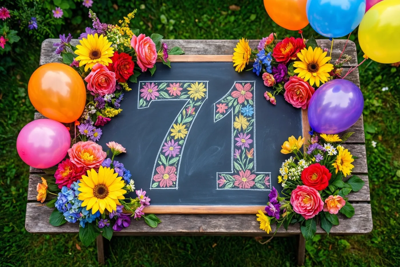 Een krijtbord met 71, versierd met kleurrijke bloemen en ballonnen, staat op een houten tuintafel op het gras.