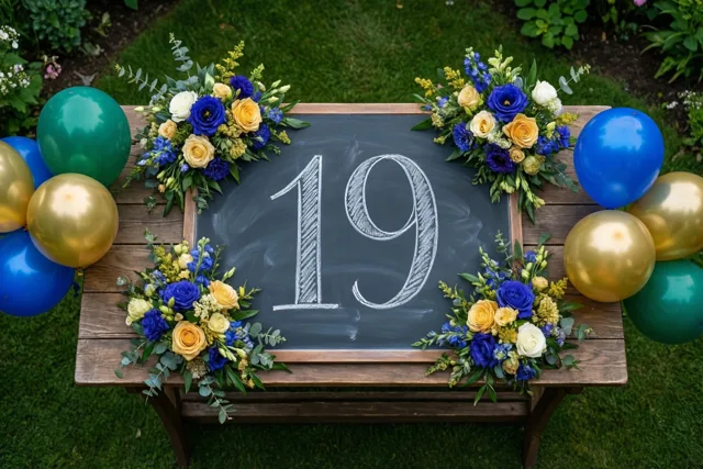 Een krijtbord met 19 in wit krijt staat op een houten tuintafel tussen vier bloemstukken en blauwe, gouden en groene ballonnen op een gazon.