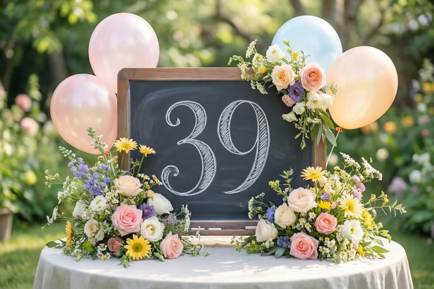 Een krijtbord met 39 in wit krijt staat op een tuintafel tussen kleurrijke bloemstukken en pastelballonnen in een zonnige tuin.