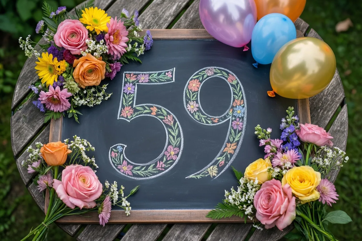 Een krijtbord met 59 en bloemenpatronen staat op een houten tuintafel, omringd door kleurrijke bloemen en ballonnen in roze, geel en groen.
