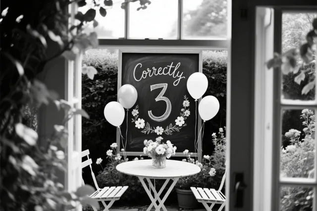 Een zwart-witfoto toont een krijtbord met het cijfer 3 en het woord 'Correctly' op een tuintafel tussen ballonnen en bloemen, omlijst door een deuropening en bladeren.