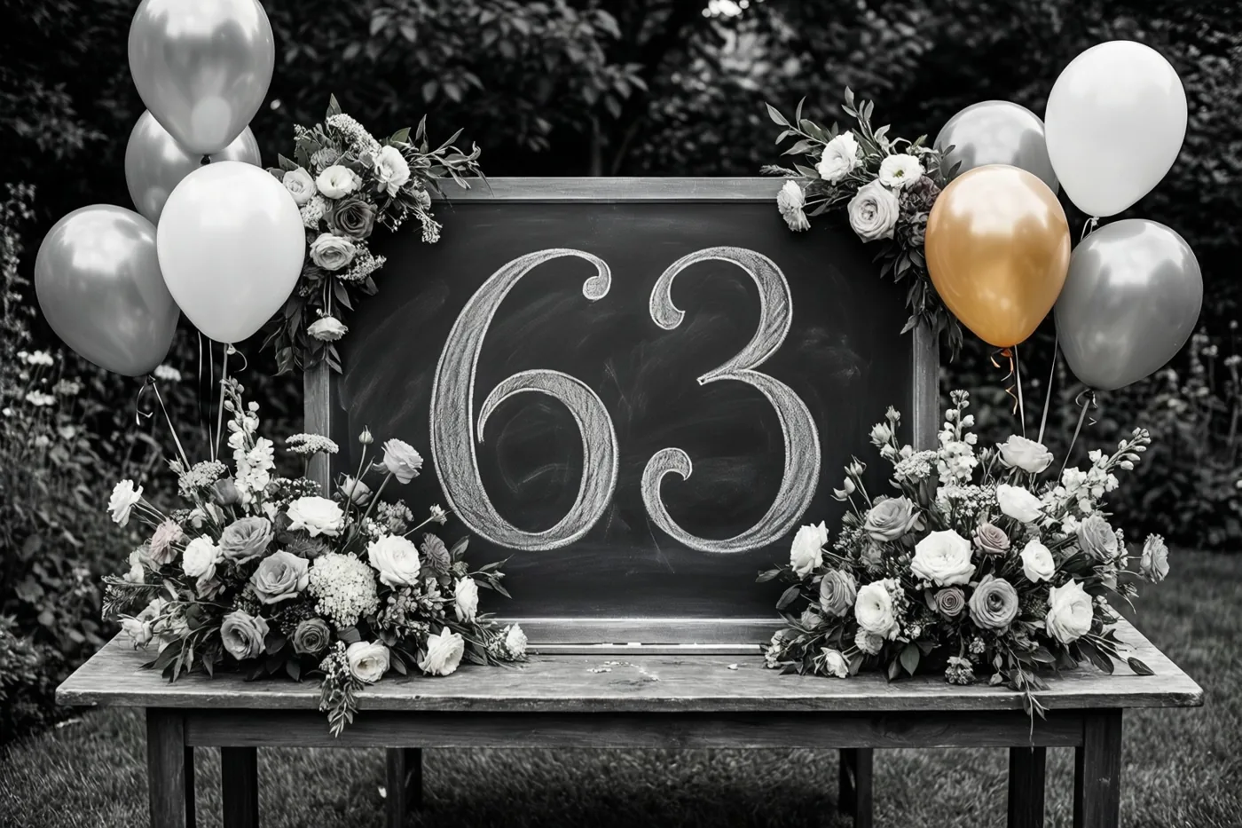 Een krijtbord met sierlijke cijfers 63 staat op een houten tuintafel tussen bloemen en ballonnen in een zwart-witbeeld met één gouden ballon.