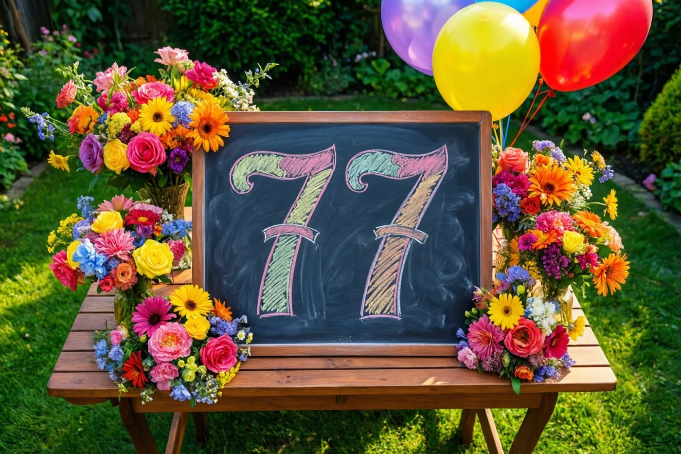 Een krijtbord met 77 in gekleurd krijt staat op een houten tuintafel tussen kleurrijke bloemstukken en ballonnen in een zonnige tuin.
