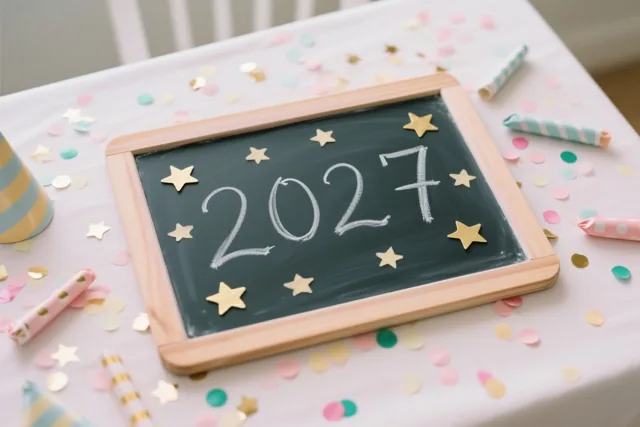 Een klein krijtbord met 2027 in wit krijt en gouden sterren staat op een feesttafel met pastelconfetti, feesthoedjes en slingers.