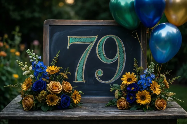 Een krijtbord met het getal 79 in groen en goud krijt staat op een houten tuintafel tussen bloemstukken en ballonnen.