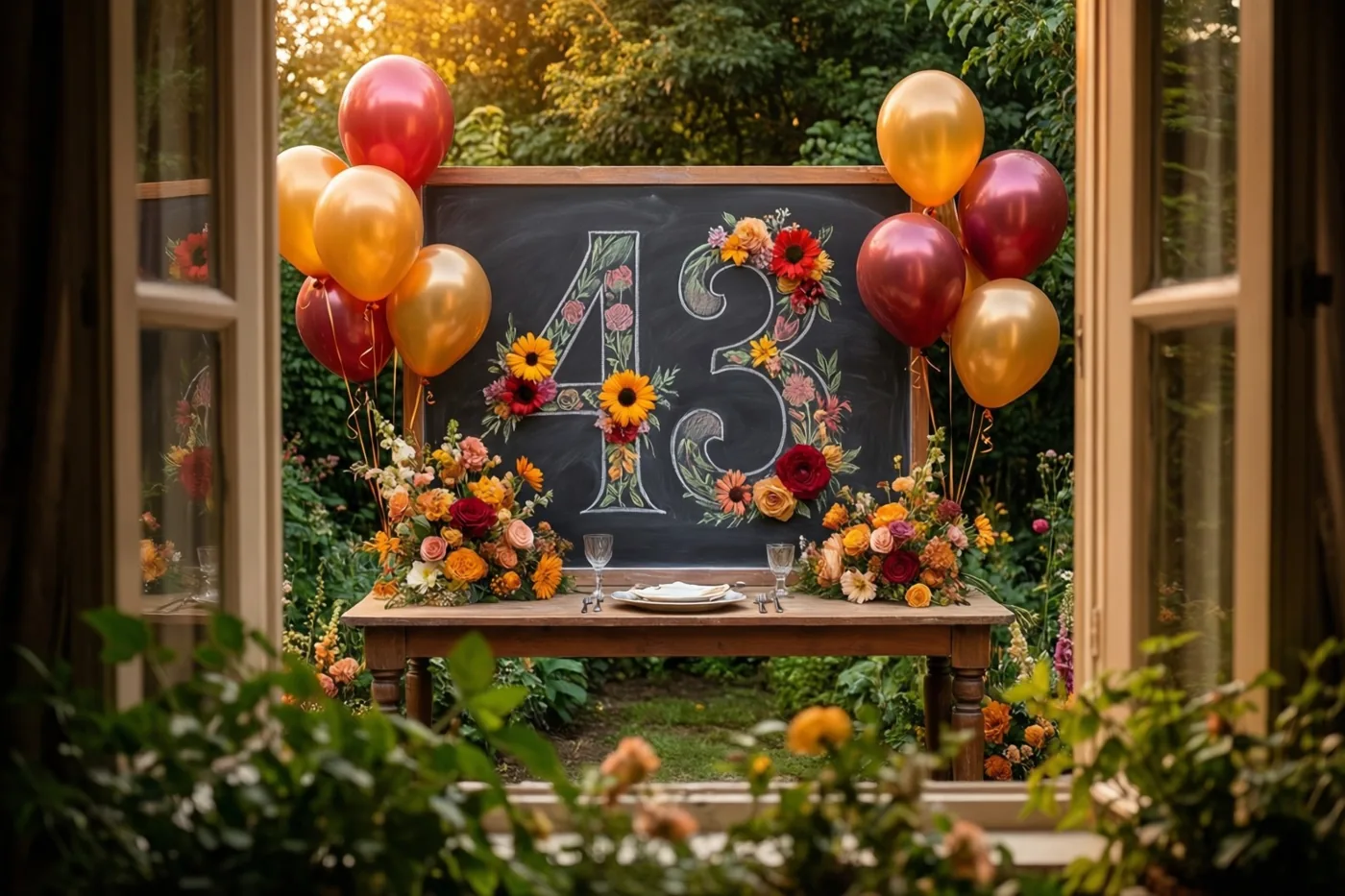 Door een open raam is een tuintafel te zien met een krijtbord met 43, bloemen in herfstkleuren en rode en gouden ballonnen in warm licht.