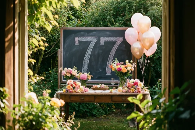 Door een raam is een tuintafel te zien met een krijtbord waarop 77 staat, bloemstukken en roze ballonnen in warm zonlicht.