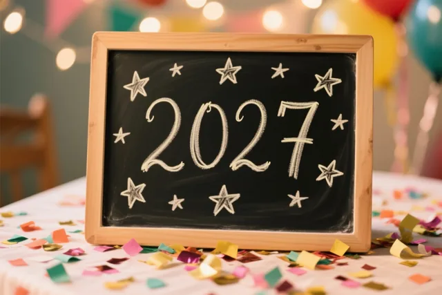 Een klein krijtbord met 2027 in wit krijt en sterren eromheen staat op een tafel met kleurrijke confetti, met onscherpe feestlichtjes en ballonnen op de achtergrond.