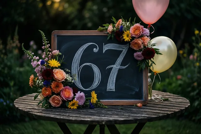 Een krijtbord met het getal 67 in wit krijt staat tussen kleurrijke bloemen en twee ballonnen op een houten tuintafel, met een zachte natuurlijke achtergrond.