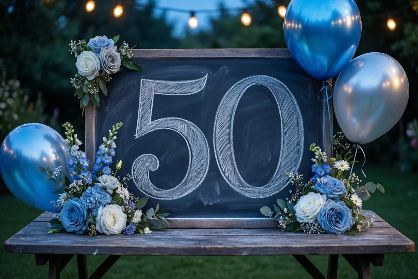 Een krijtbord met 50 in wit krijt staat op een houten tuintafel tussen blauwe en witte bloemstukken en blauwe en zilveren ballonnen, met lichtslingers in de schemering.