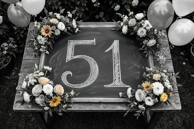 Een krijtbord met 51 in wit krijt staat op een houten tuintafel tussen witte ballonnen en bloemstukken, in een overwegend monochroom beeld met kleur in de bloemen.