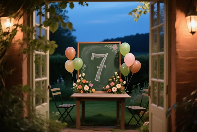 Door een open deuropening zie je bij schemering een krijtbord met een handgeschreven 7 op een houten tuintafel tussen kleurrijke ballonnen en bloemstukken, met warm licht binnen en een blauwe avondhemel buiten.