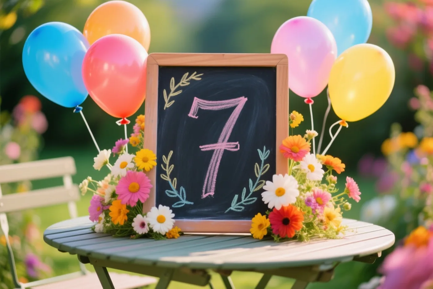 Een klein krijtbord met een handgeschreven 7 staat op een tuintafel tussen kleurrijke ballonnen en een boeket bloemen, met een houten stoel op de achtergrond in de zonnige tuin.