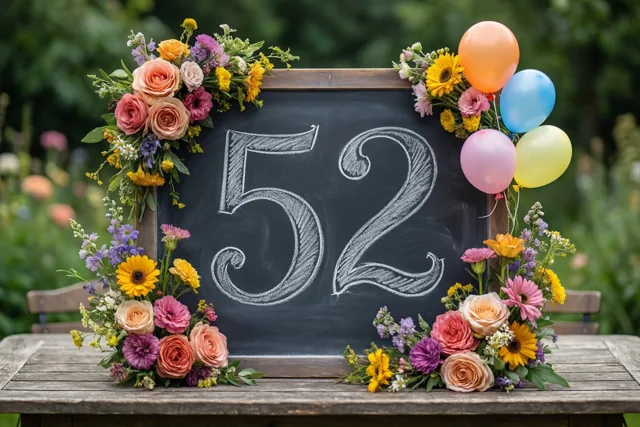 Op een houten tuintafel staat een krijtbord met 52 in wit krijt, versierd met kleurrijke bloemen en ballonnen tegen een onscherpe groene achtergrond.