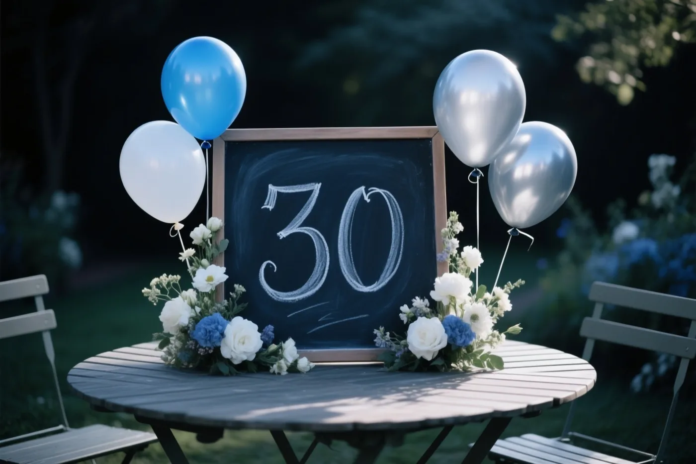 Op een houten tuintafel staat een krijtbord met 30 in wit krijt, omringd door witte en blauwe bloemen en ballonnen, met stoelen in de tuin.
