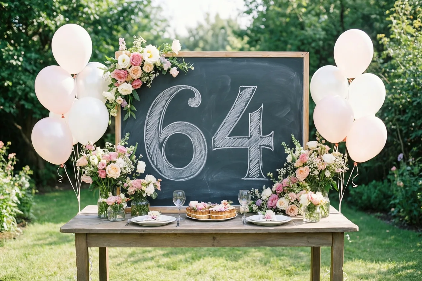 Een houten tuintafel draagt een krijtbord met het getal 64, omringd door bloemstukken en ballonnen in zachte pastelkleuren en groentinten.