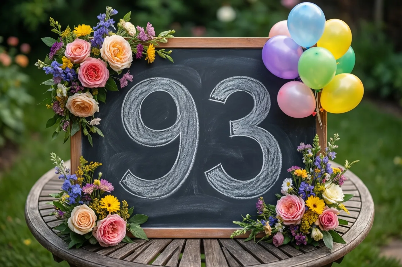 Een krijtbord met 93 in wit krijt staat op een houten tuintafel tussen kleurrijke bloemen en ballonnen, met groen op de achtergrond.