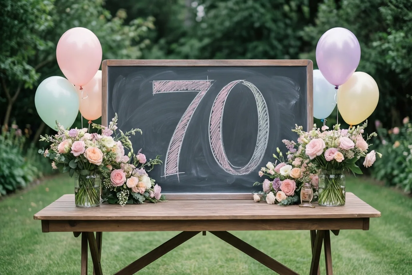 Een krijtbord met 70 staat op een houten tuintafel tussen twee bloemstukken in glazen vazen en pastelballonnen, met gras en bomen erachter.